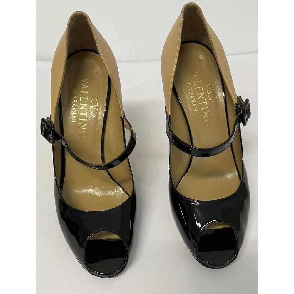 Valentino Garavani Black Patent and Tan Leather Mary Jane Peep-Toe Heels